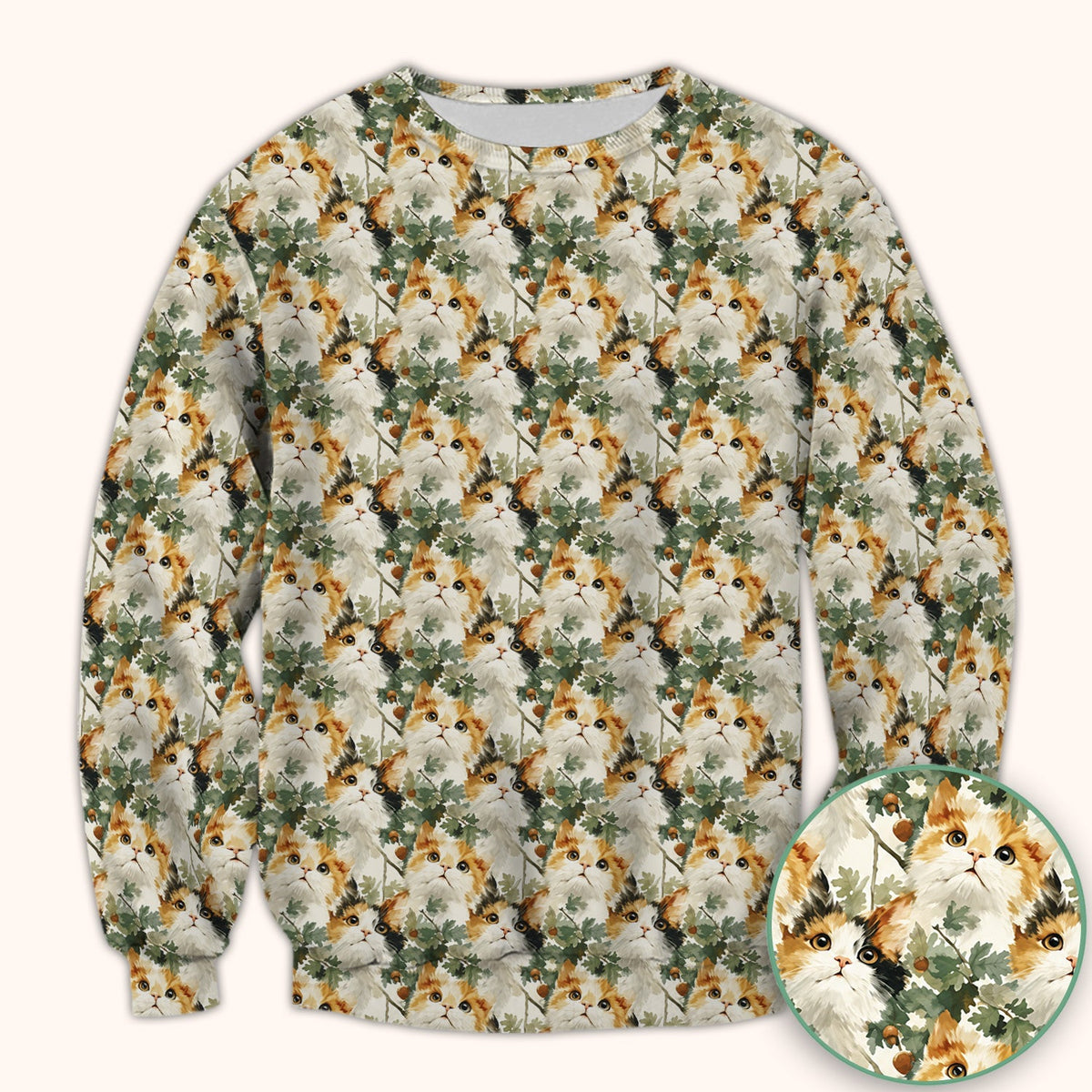Fluffy Calico Cat Oak Leaves Nurse Scrub Top