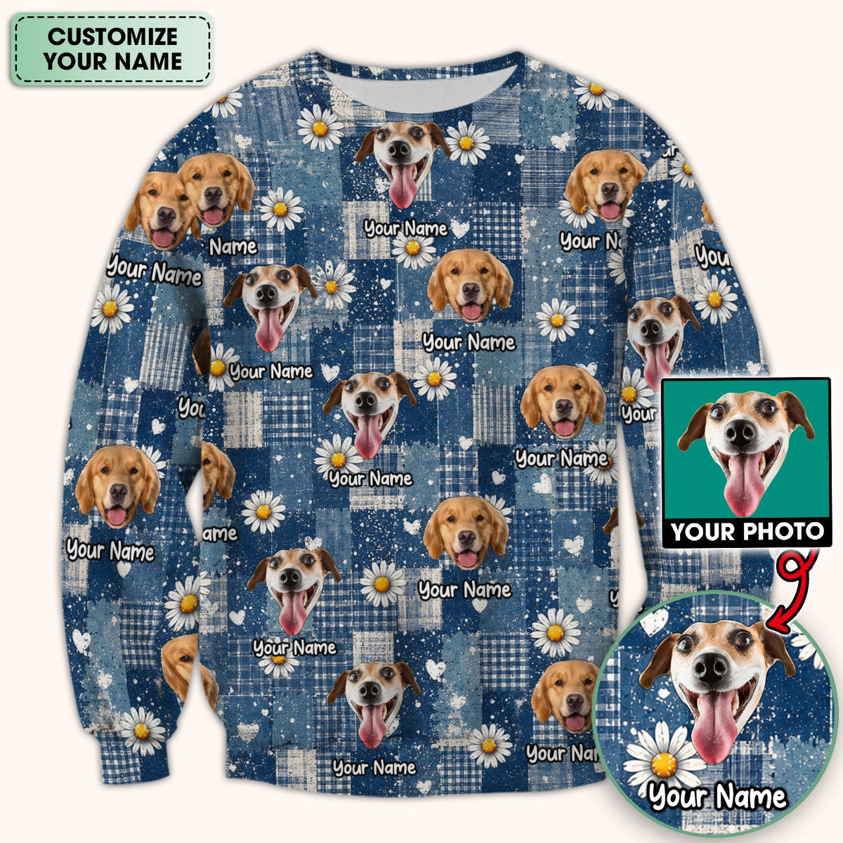 Personalized Dog Photo Patchwork Daisy Nurse Scrub Top