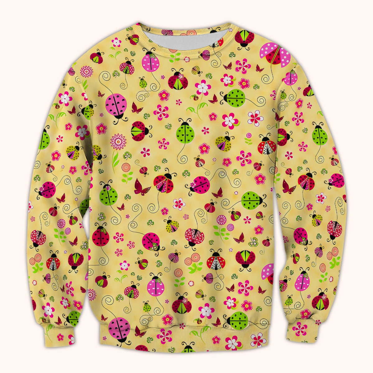 Yellow Ladybug Floral Garden Pattern Scrub Top, Breathable Fabrics Nursing Uniform