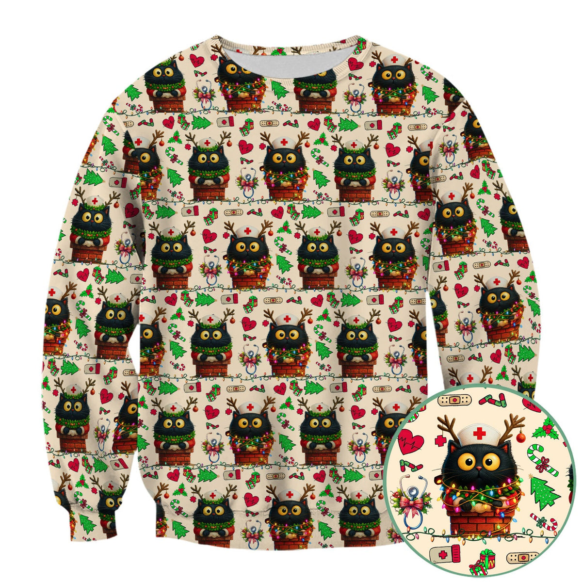 Reindeer Cat Christmas Lights Nurse Scrub Top