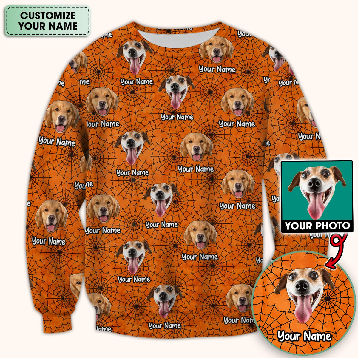 Personalized Halloween Dog Photo Spiderweb Scrub Top