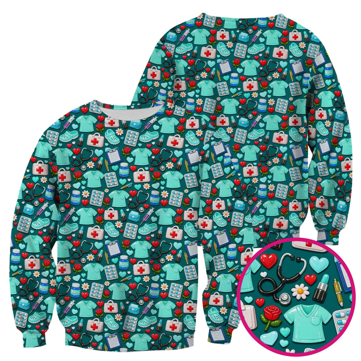 Medical Icons Scrub Top, Cute Pattern Nurse Shirt, Breathable Fabrics Nursing Uniform