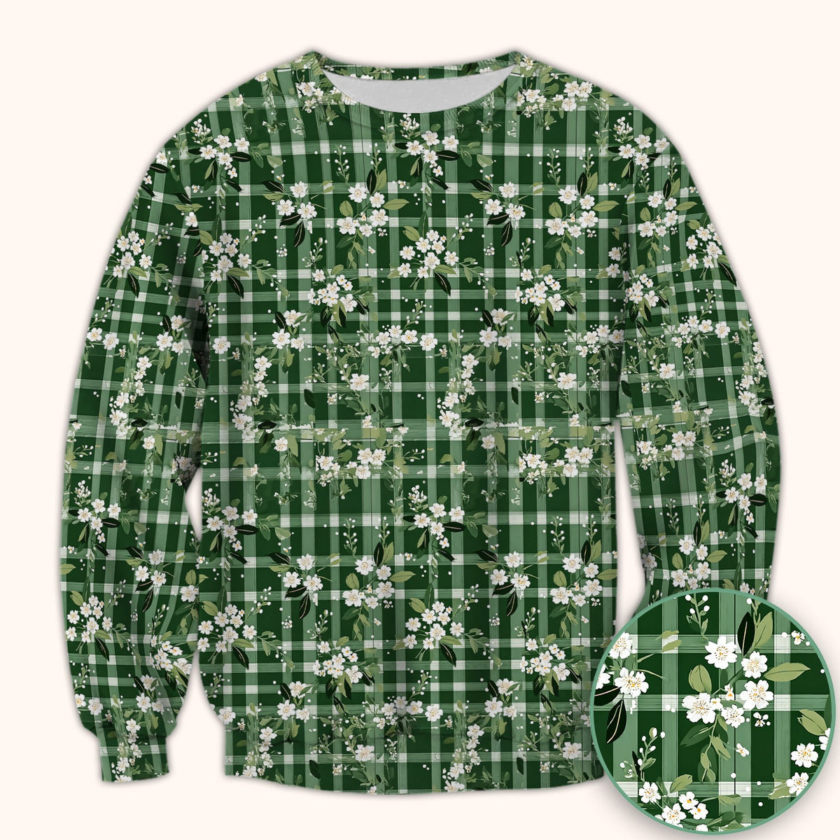 Green Gingham Floral Nurse Scrub Top