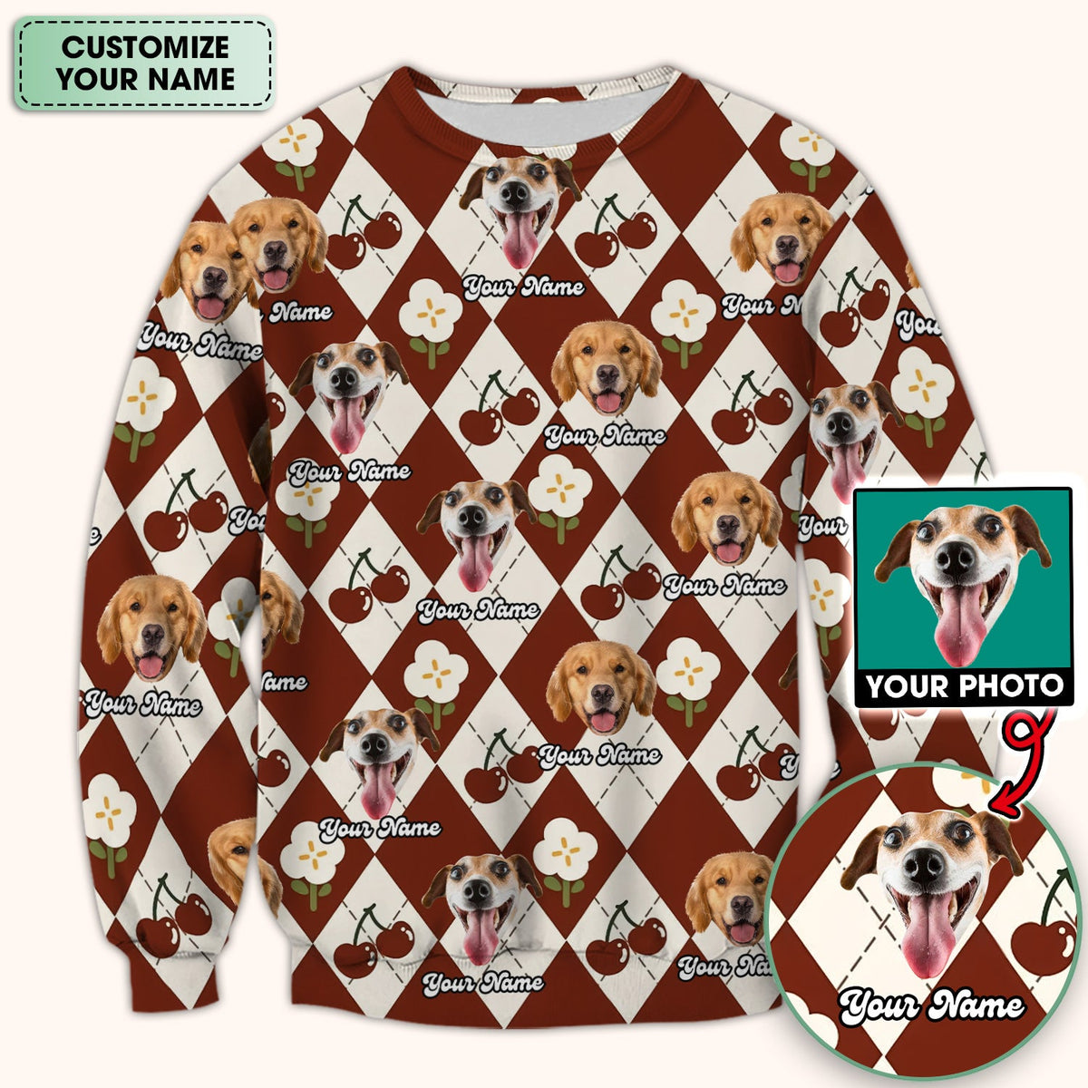 Dog Face Cherry Argyle Nurse Scrub Top