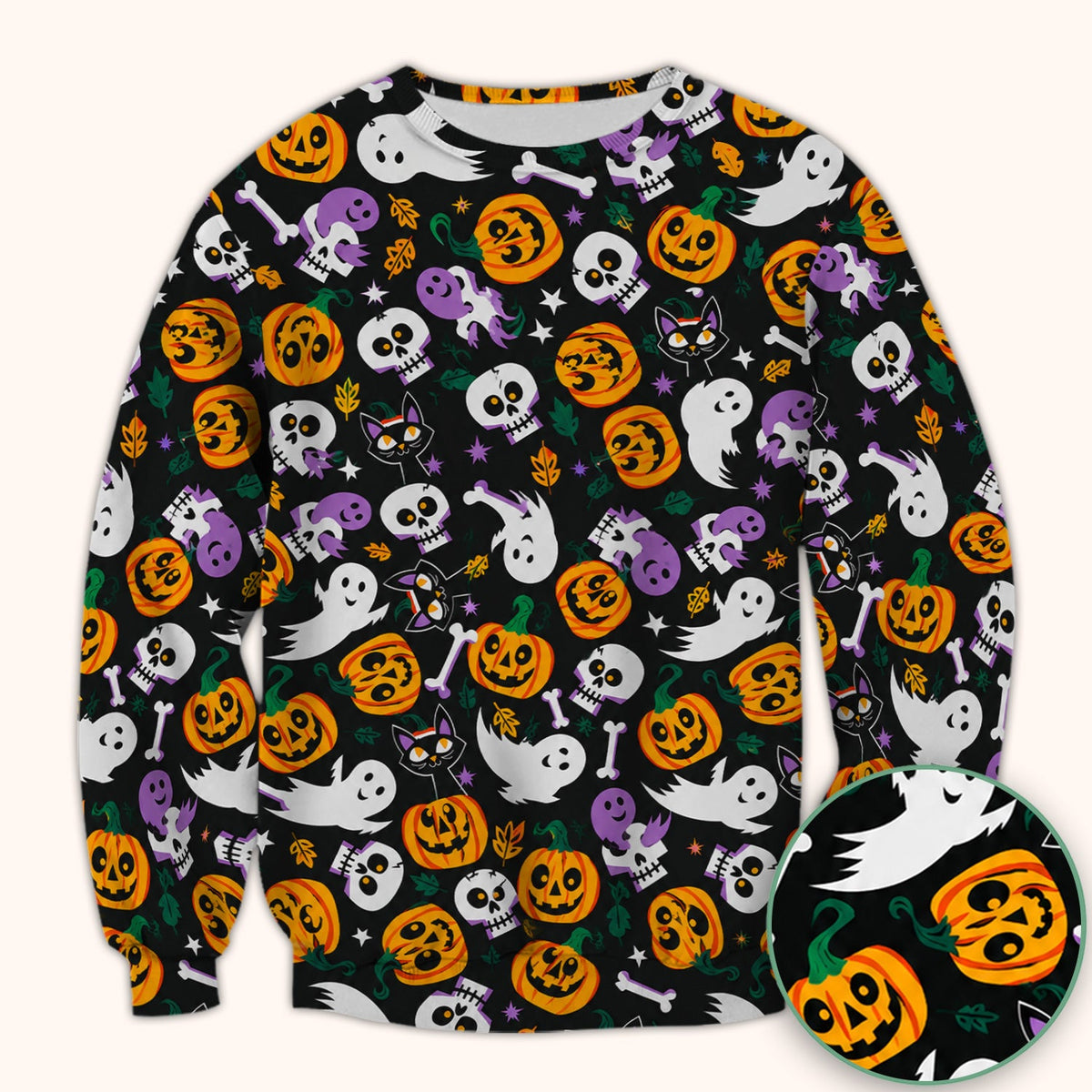Spooky Pumpkin Ghost Print Nurse Scrub Top