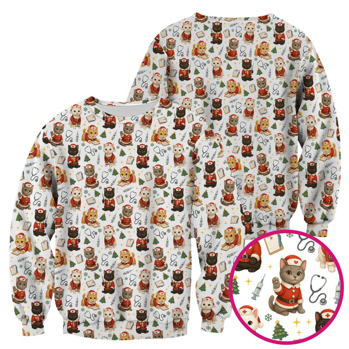 Funny Nurse Scrub Top for Women - Christmas Lucky Cat Design - Cute Holiday Nursing Shirt Gift for RN LPN CNA
