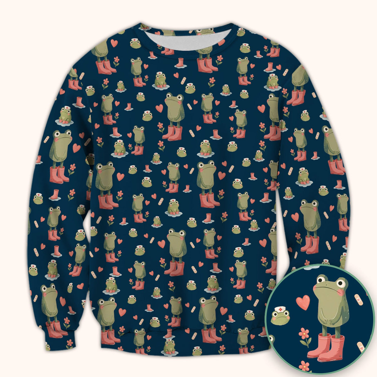 Adorable Frog Boots Heart Pattern Scrub Top, Comfortable Scrubs for Nurses