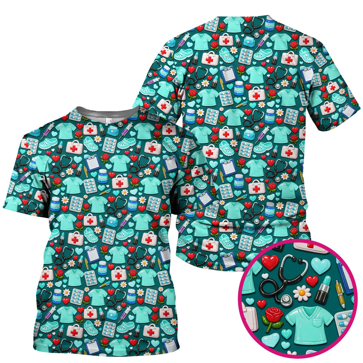 Medical Icons Scrub Top, Cute Pattern Nurse Shirt, Breathable Fabrics Nursing Uniform