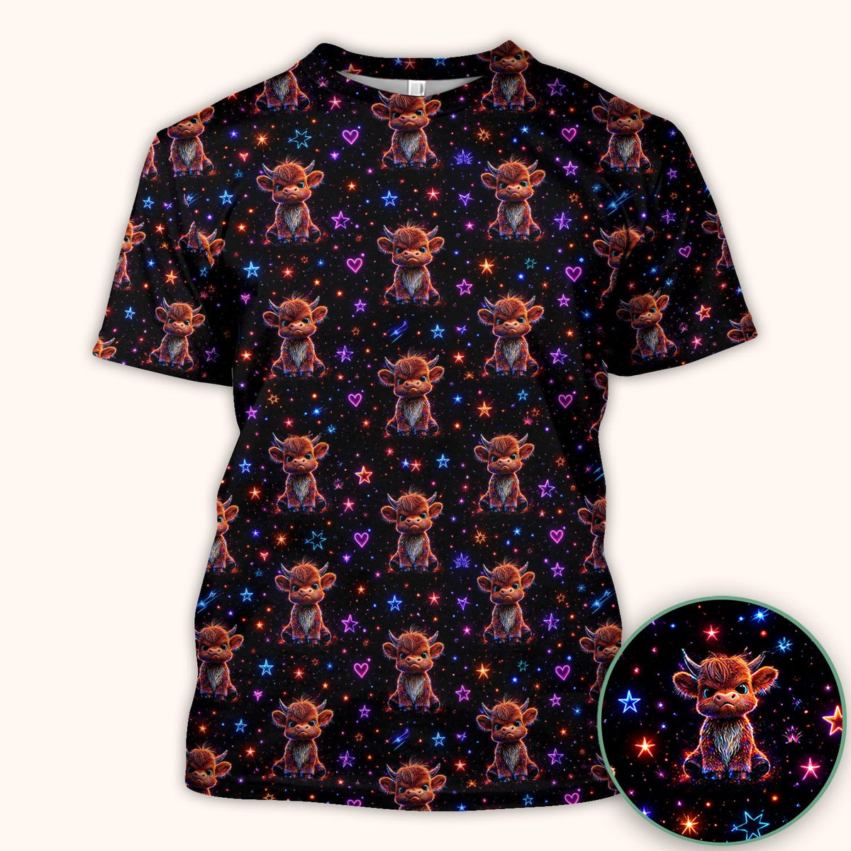 Neon Highland Cow Stars Nurse Scrub Top