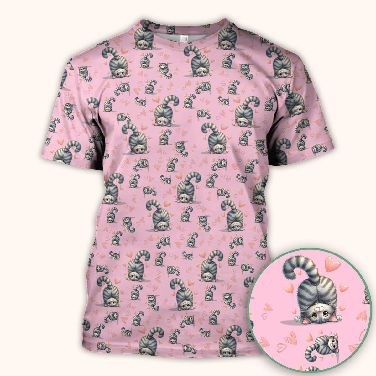 Valentine Cute Cat Scrub Top, Cat Heart Pattern Nurse Uniform, Comfortable Scrubs For Nurses
