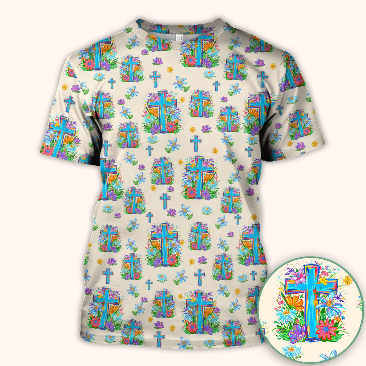 Christian Floral Cross Spring Pattern Scrub Top, Comfortable Scrubs for Nurses