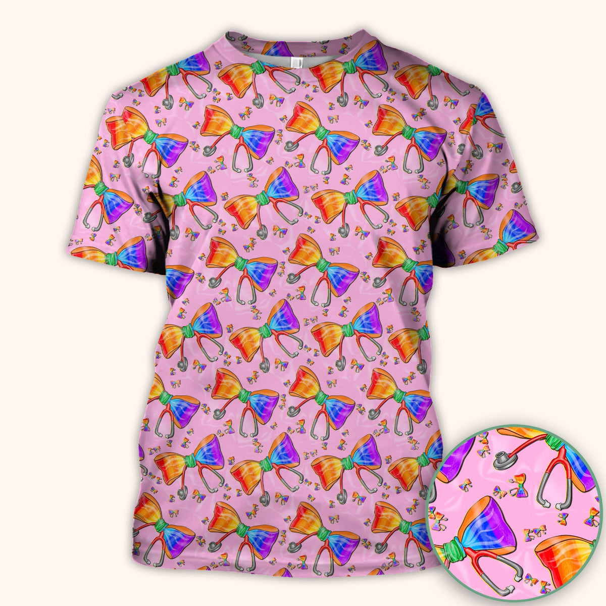 Colorful Rainbow Bow Stethoscope Nurse Scrub Top