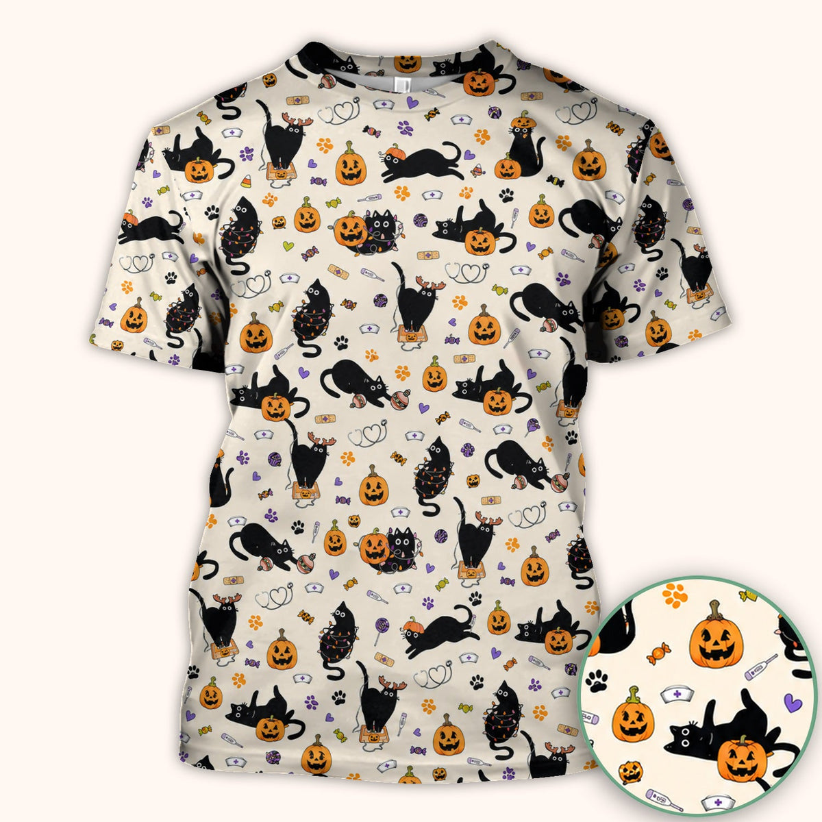 Pumpkin Black Cat Nurse Scrub Top