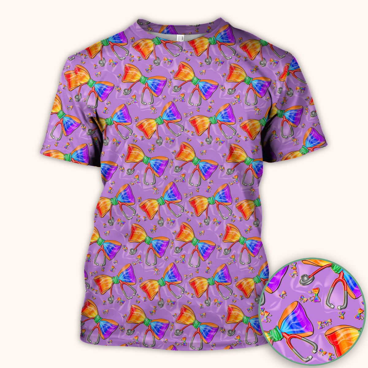 Colorful Rainbow Bow Stethoscope Nurse Scrub Top