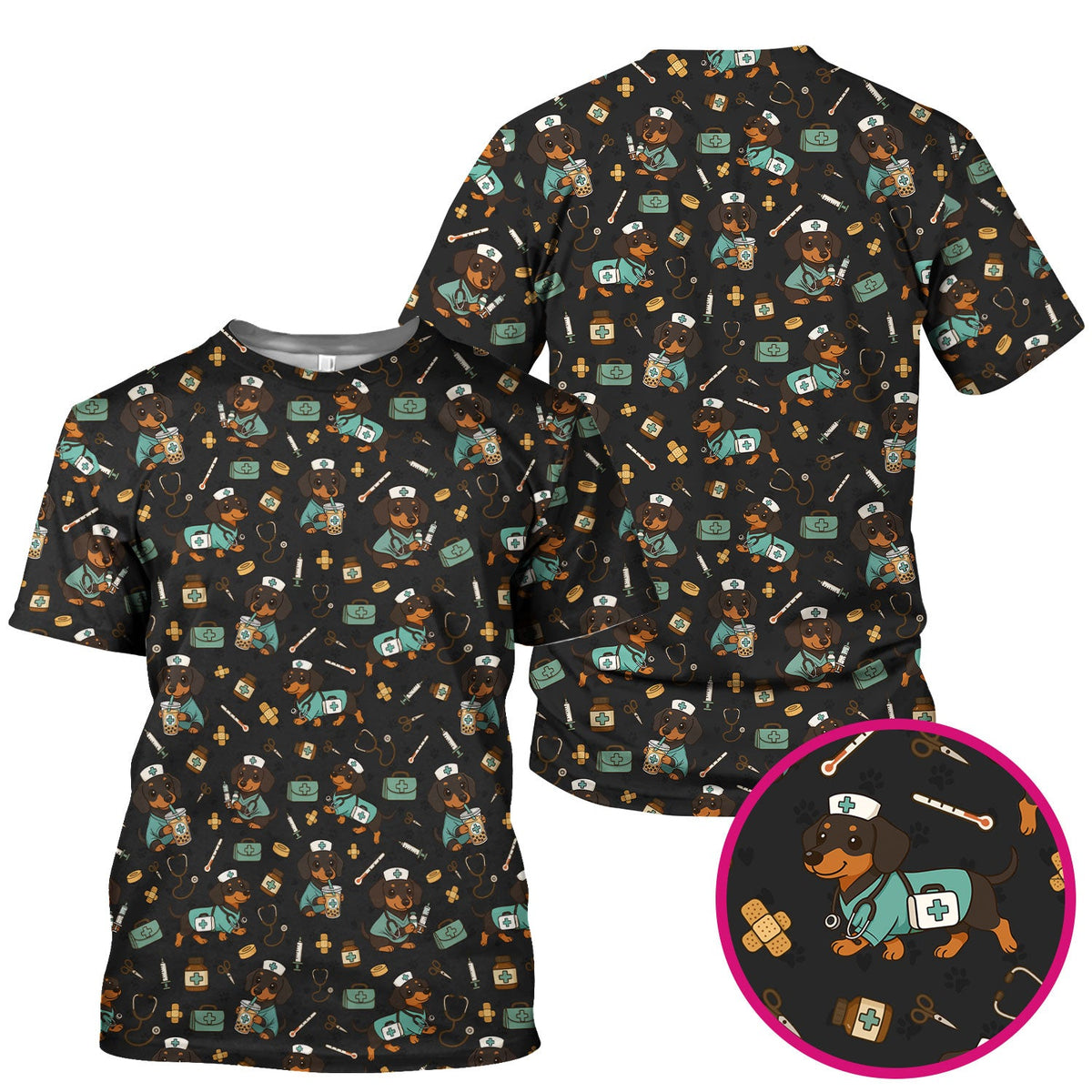 Funny Dachshund Nurse Scrubs - Cute Dog Print Medical Shirt - Holiday Nurse Scrub Top Gift for RN CNA Doctor, Women & Men