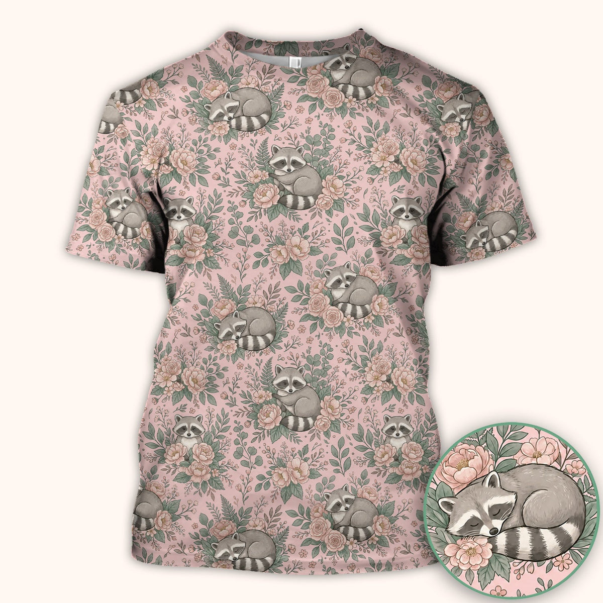 Sleeping Raccoon Rose Garden Nurse Scrub Top