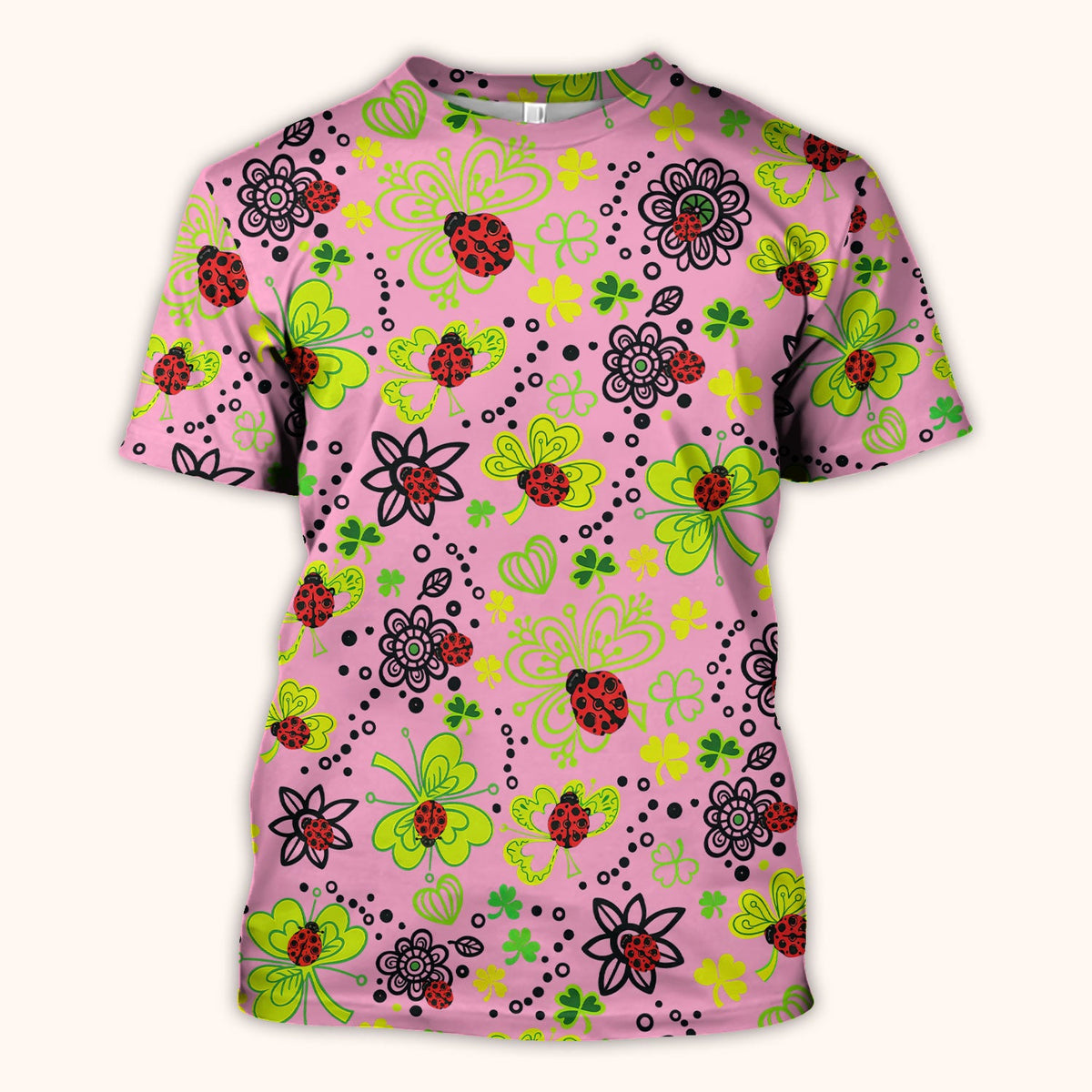 Ladybug Clover Floral Pattern Print Scrubs Nurses, Breathable Fabrics Nursing Uniform
