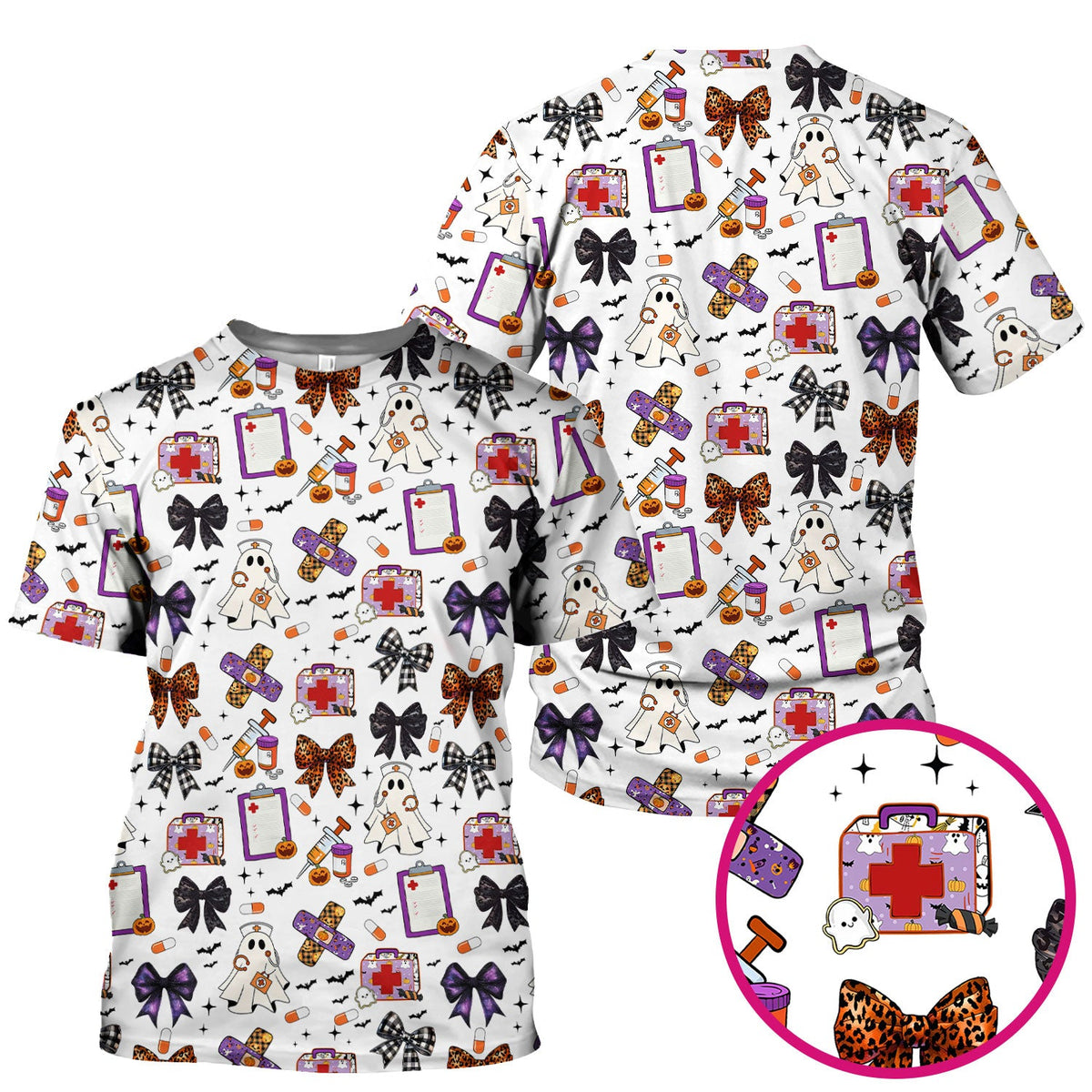 Spooky Ghost Pumpkin Bow Nurse Scrub Top