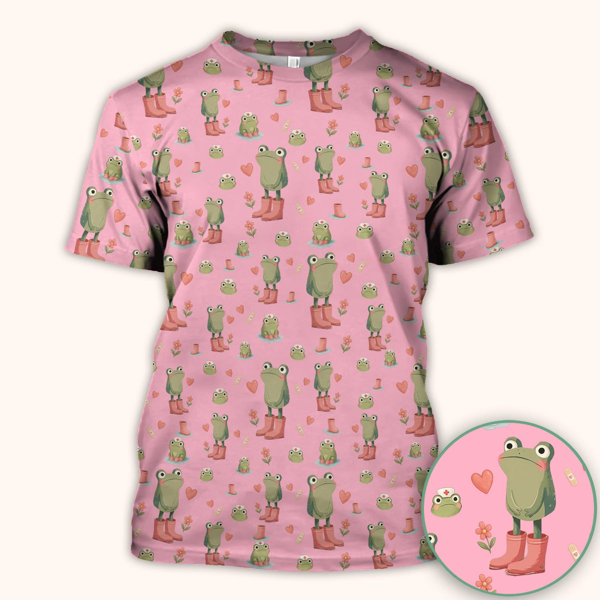 Adorable Frog Boots Heart Pattern Scrub Top, Comfortable Scrubs for Nurses