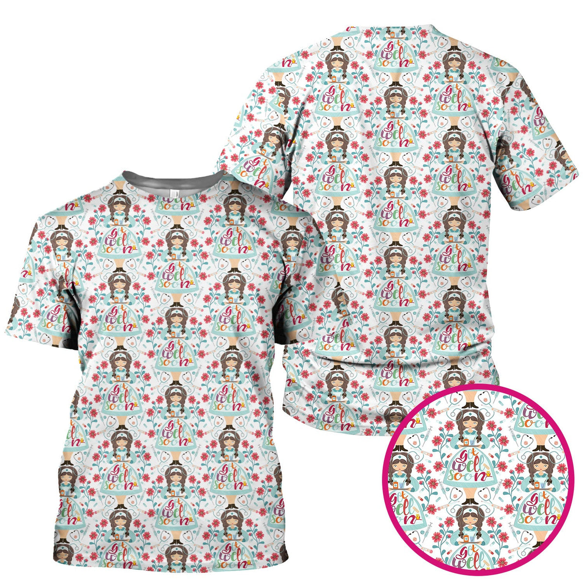 Get Well Soon Girl Floral Nurse Scrub Top