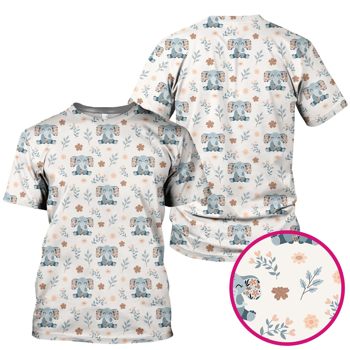 Cute Elephant Floral Print Scrub Top, Comfortable Scrubs for Nurses