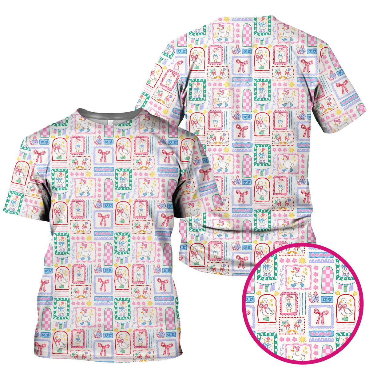 Adorable Goose Ribbon Patchwork Frame Nurse Scrub Top