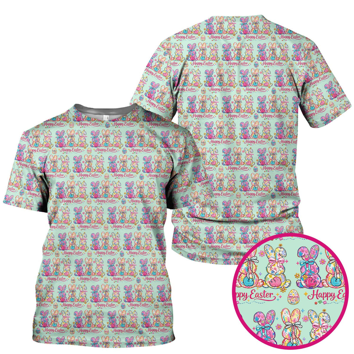 Pink Happy Easter Bunny Pattern Scrub Top, Comfortable Scrubs for Nurses