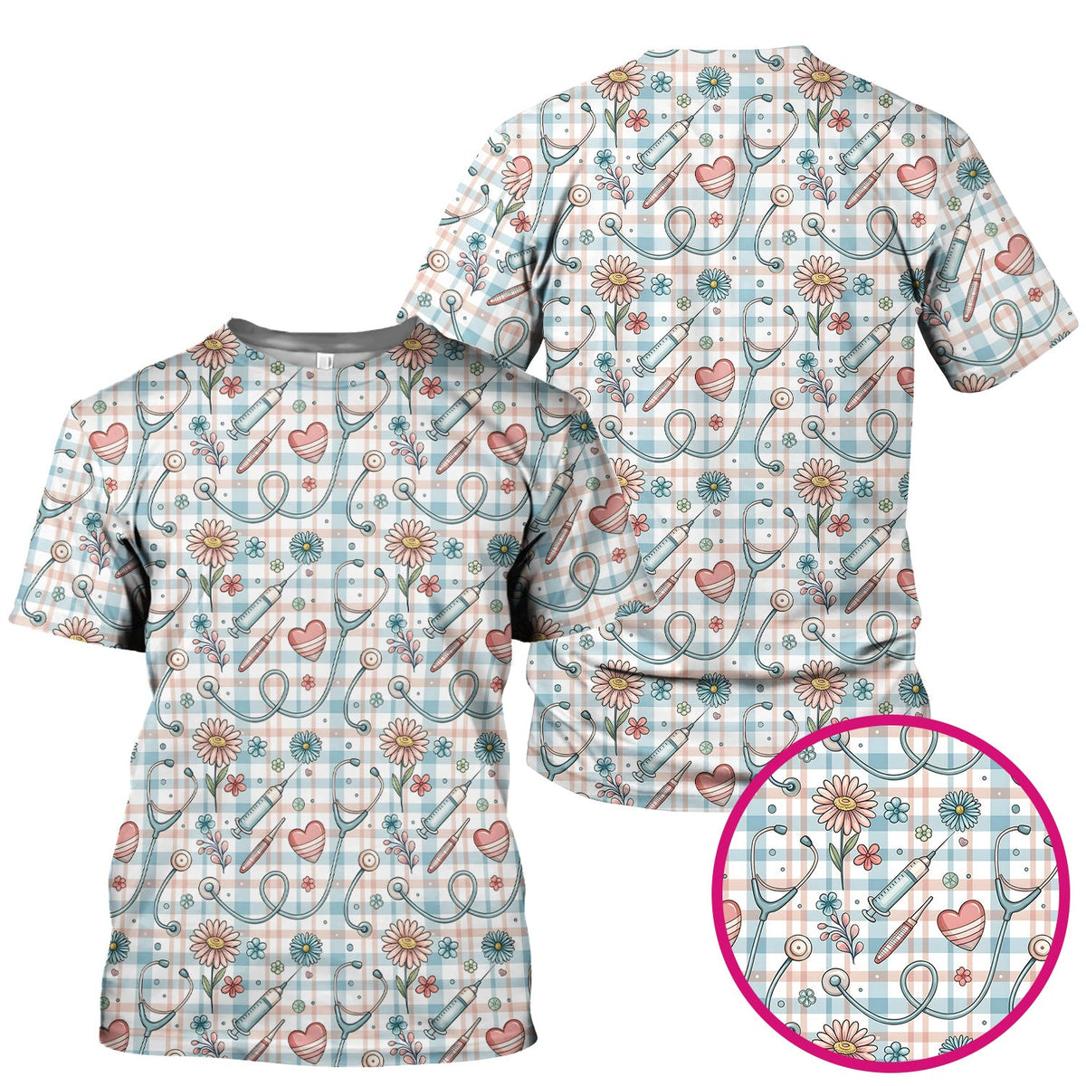 Stethoscope Heart Syringe Floral Plaid Nurse Scrub Top