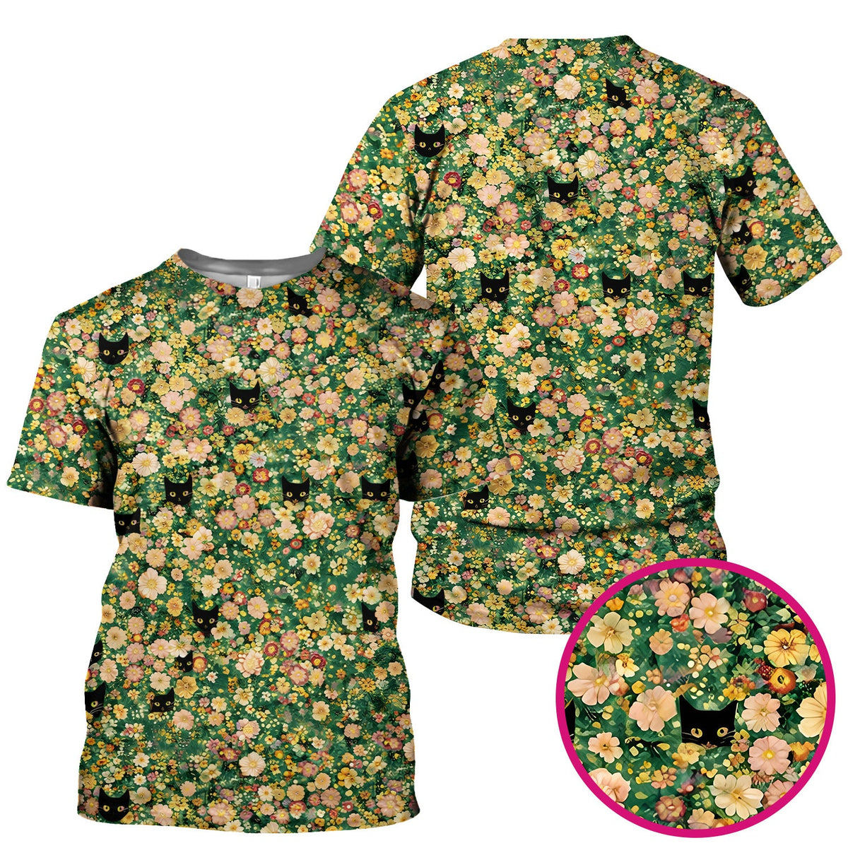 Cute Black Cat Floral Garden Nurse Scrub Top