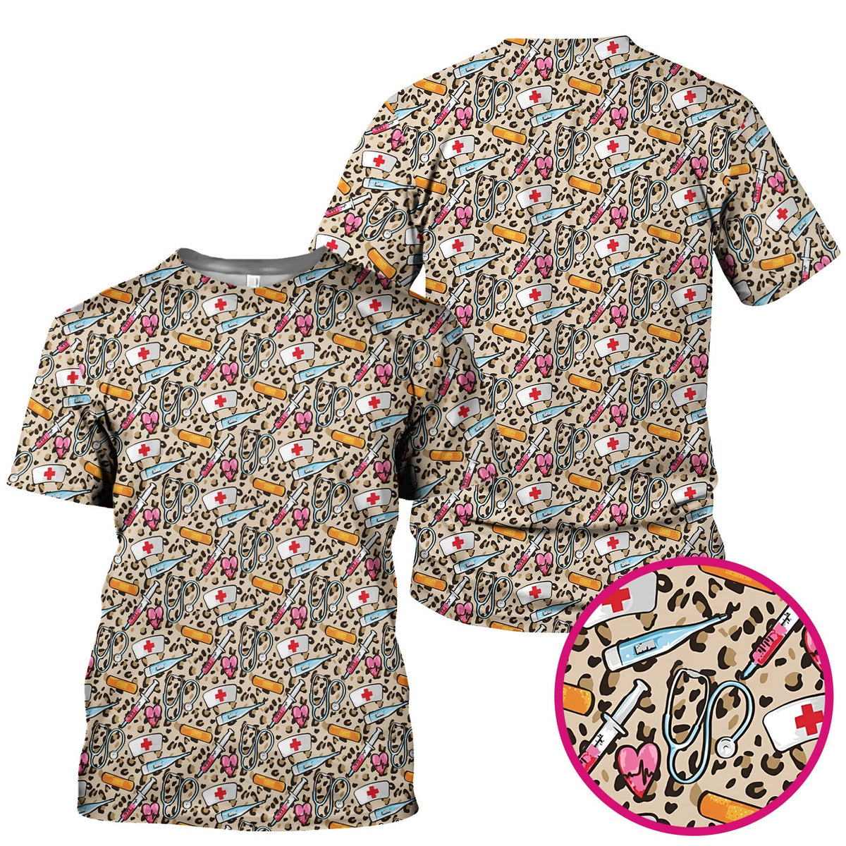 Leopard Medical Tools Pink Heart Nurse Scrub Top
