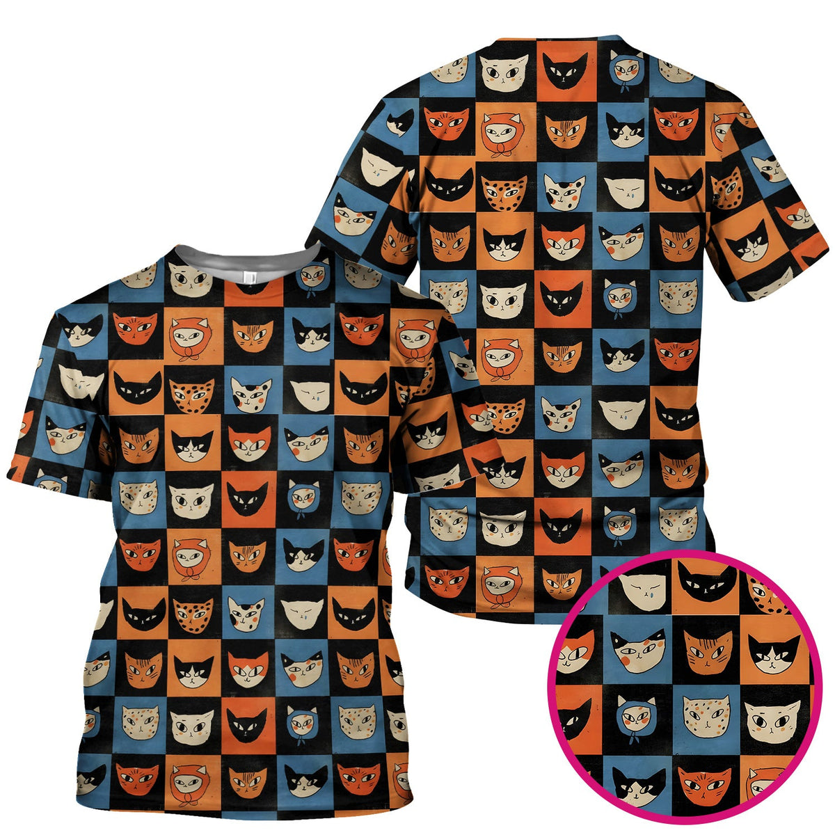 Cute Retro Cat Faces Checkerboard Print Scrub Top, Comfortable Scrubs For Nurses