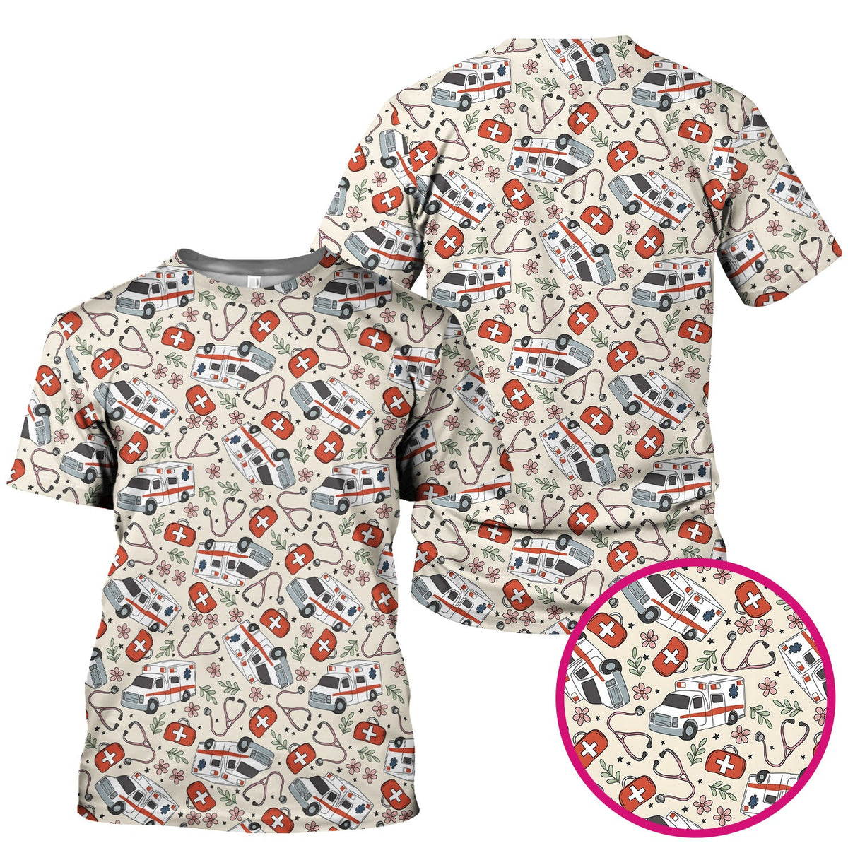 Ambulance Stethoscope First Aid Floral Nurse Scrub Top