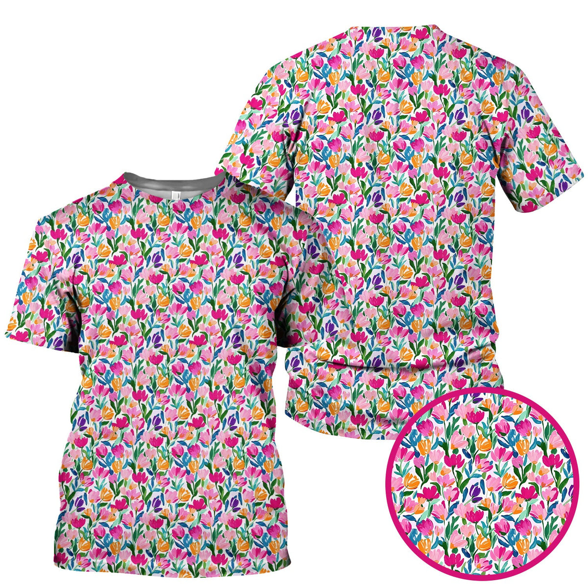 Vibrant Tulip Meadow Pattern Scrub Top, Breathable Fabrics Nursing Uniform