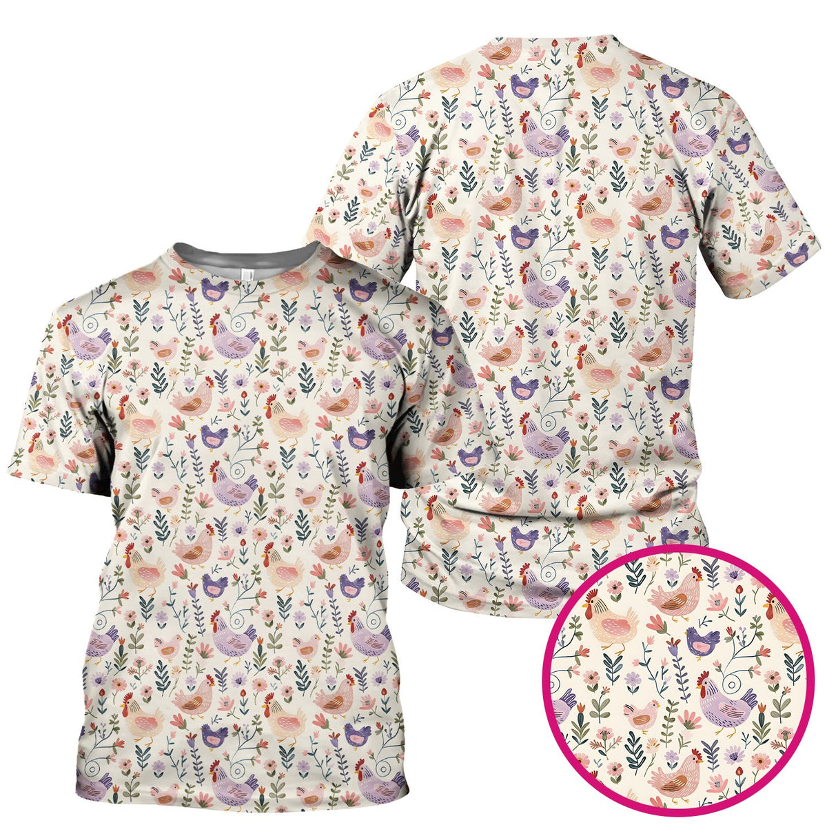 Cute Farm Chicken Floral Garden Pattern Scrub Top, Comfortable Scrubs for Nurses