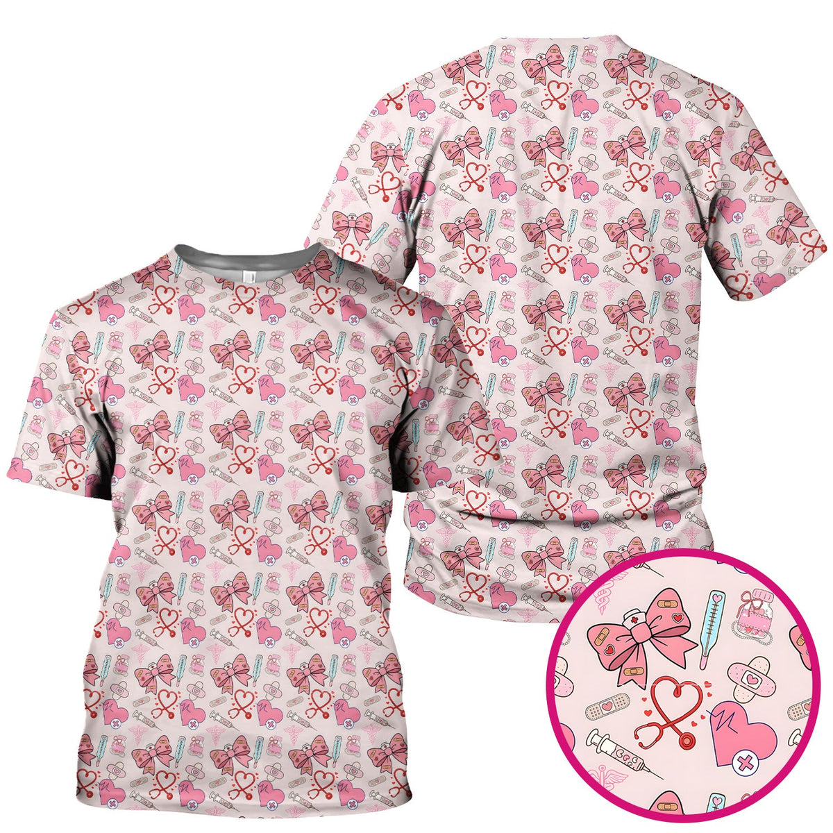 Pink Nurse Bow Heart Scrub Top