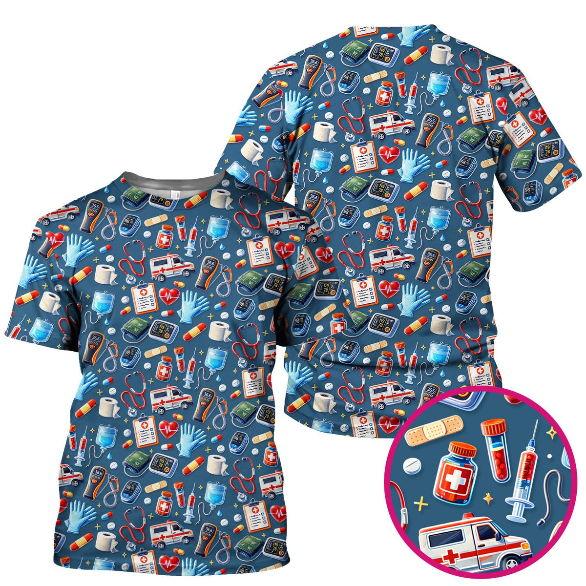 Medical Tools Pattern Ambulance Stethoscope Scrub Top, Comfortable Scrubs for Nurses