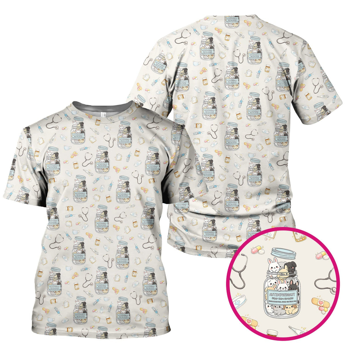 Whimsical Antidepressant Rabbit Jar Nurse Scrub Top