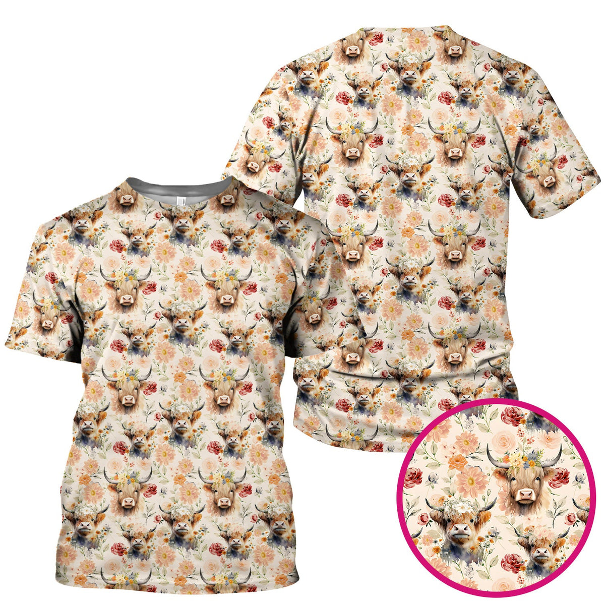 Cute Highland Cow Floral Pattern Scrub Top, Comfortable Scrubs for Nurses