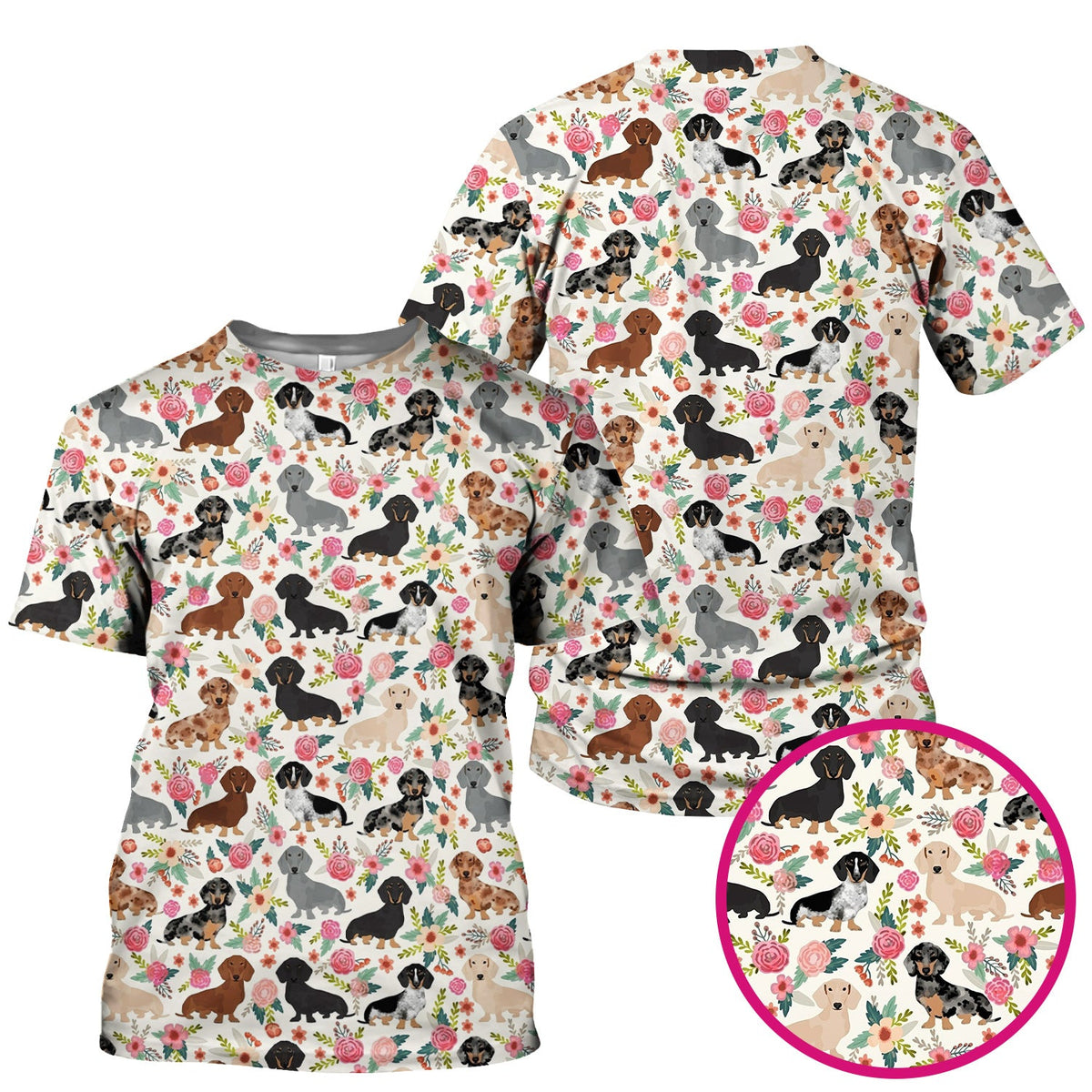 Adorable Dachshund Floral Pattern Scrub Top, Comfortable Scrubs For Nurses