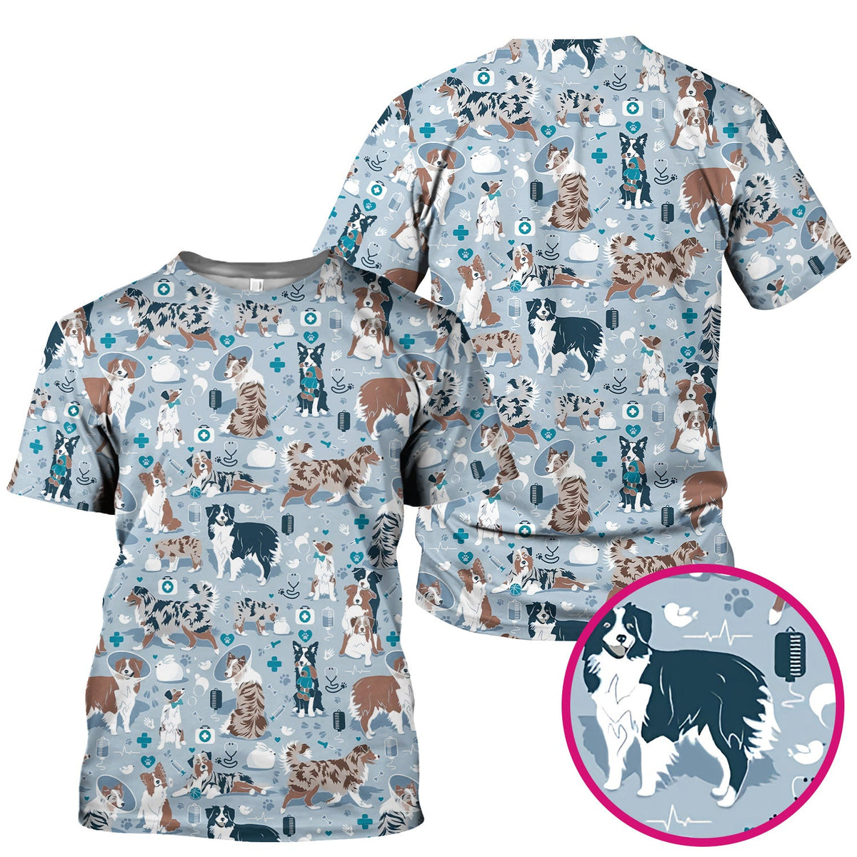 Cute Dog Pattern Veterinary Scrub Top, Breathable Fabrics Nursing Uniform