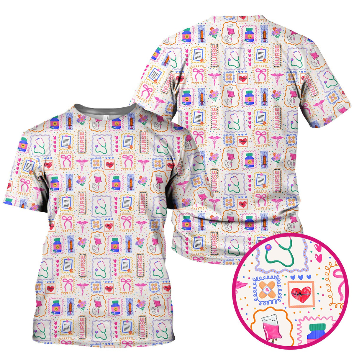 Colorful Nurse Medical Icon Pattern Scrub Top, Comfortable Scrubs for Nurses