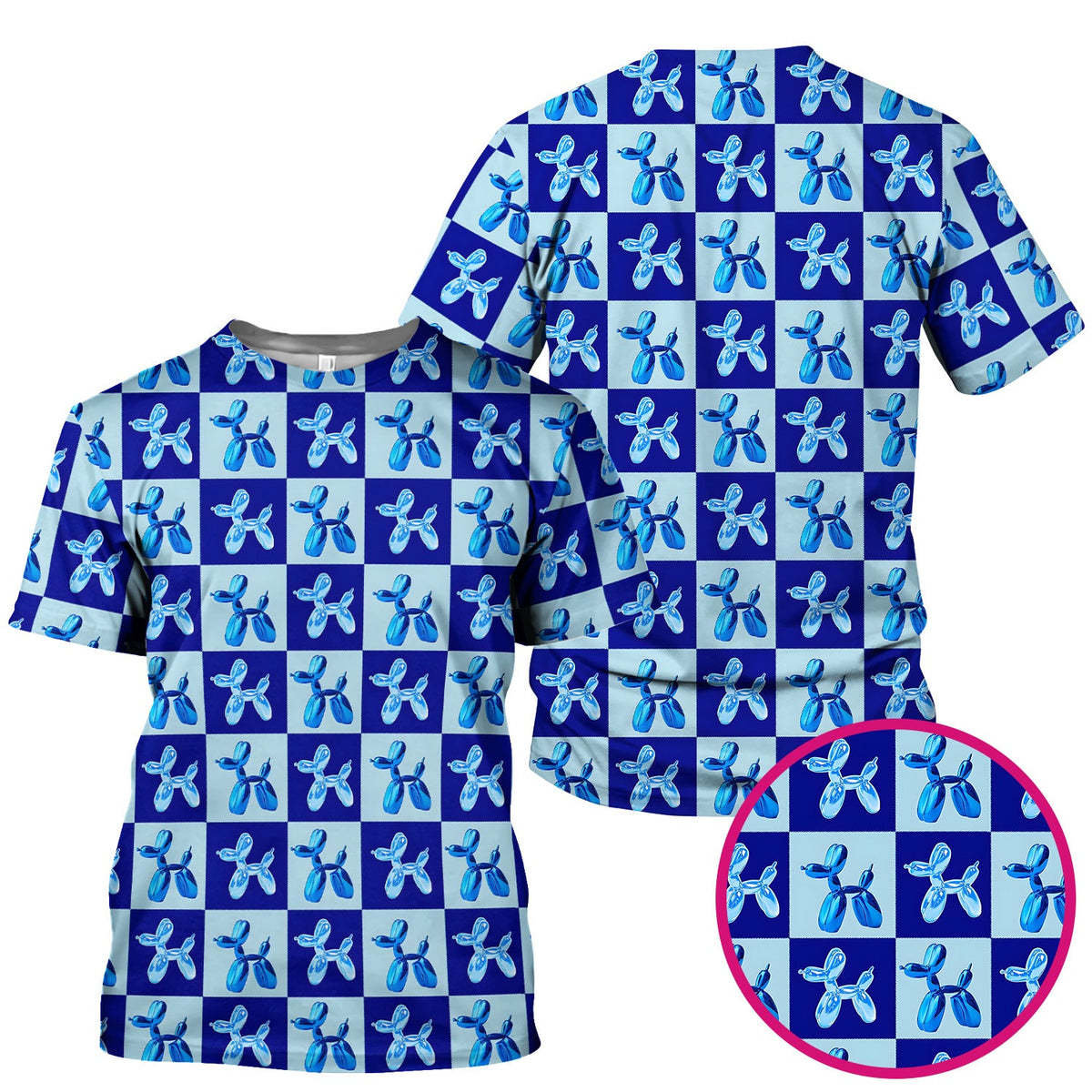 Cute Blue Balloon Dog Checkered Nurse Scrub Top