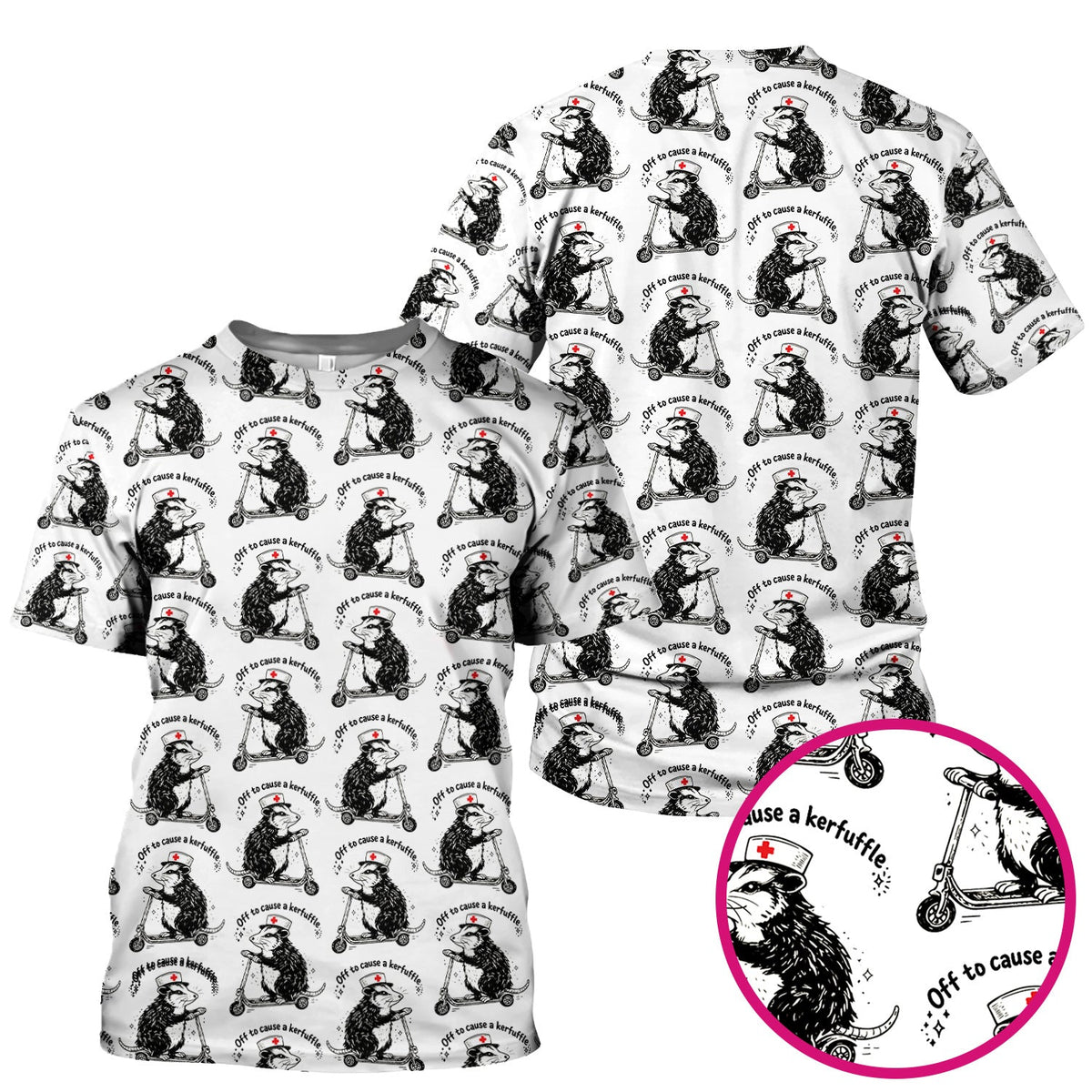 Funny Opossum Nurse Riding Scooter Pattern Scrubs Top, Breathable Fabrics Nursing Uniform