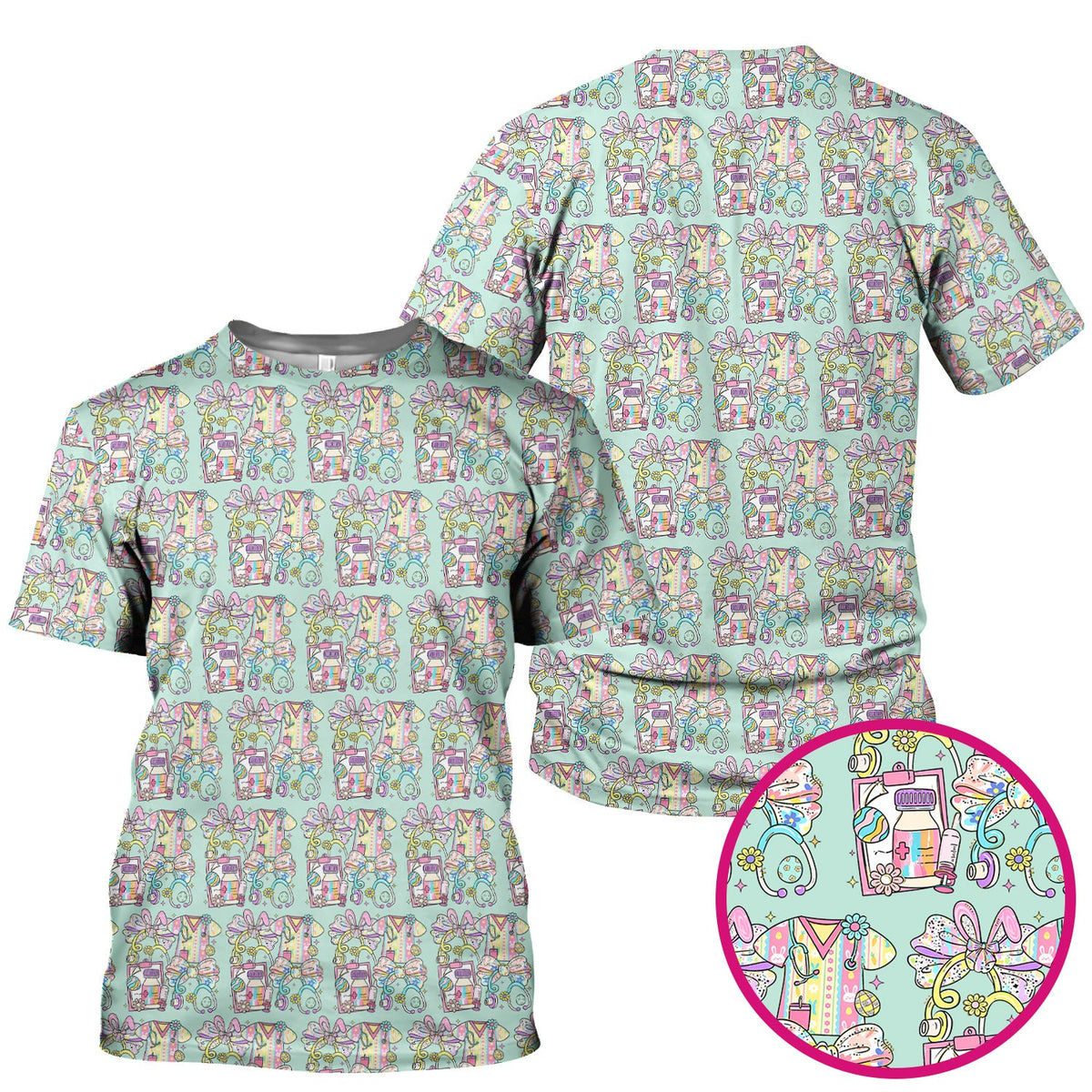 Colorful Nurse Scrub Supplies Pattern Scrub Top, Breathable Fabrics Nursing Uniform