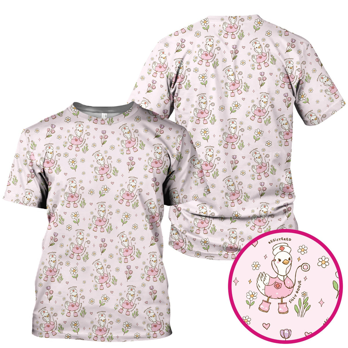 Funny Nurse Goose Daisy Print Scrub Top, Breathable Fabrics Nursing Uniform