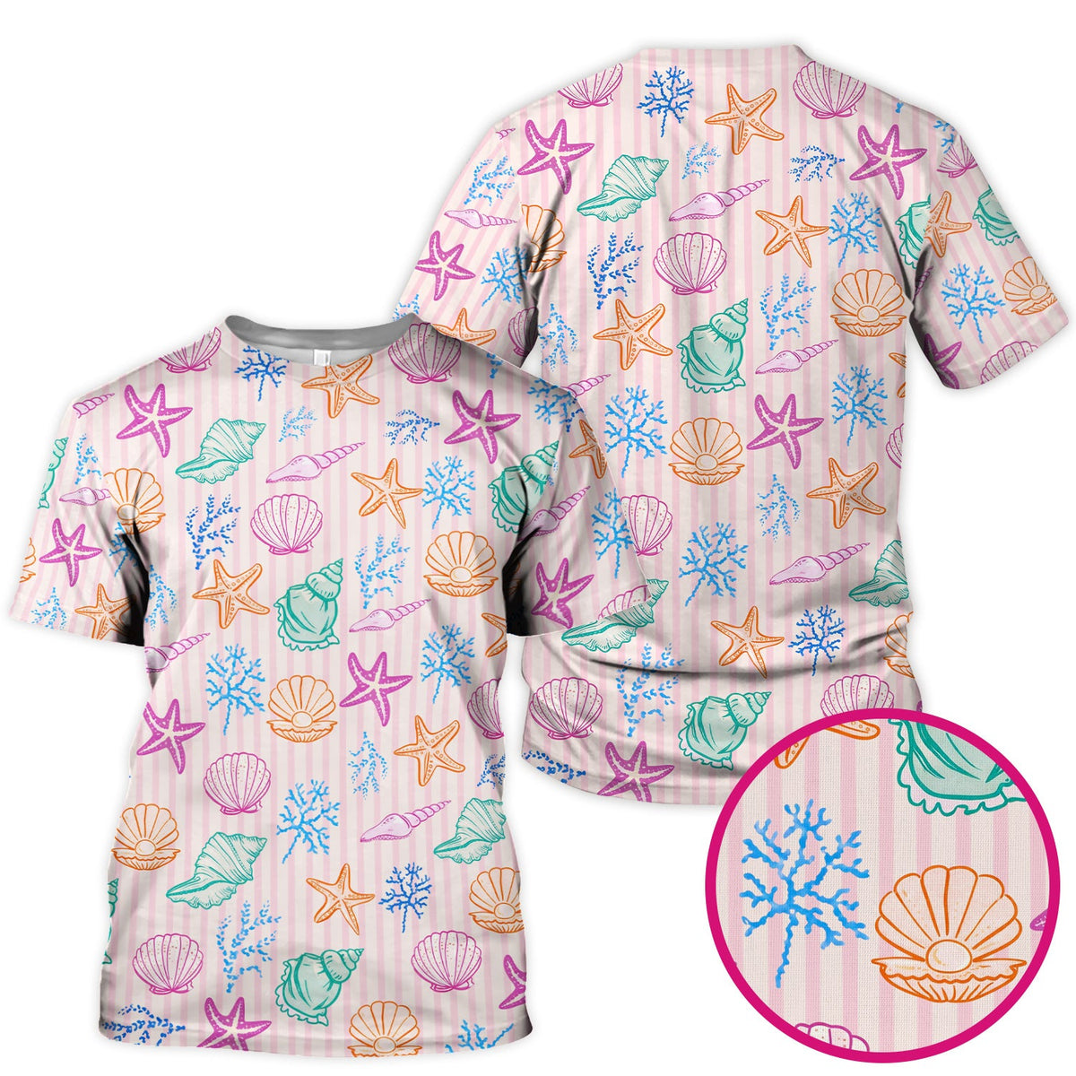 Colorful Seashell Starfish Ocean Stripe Nurse Scrub Top