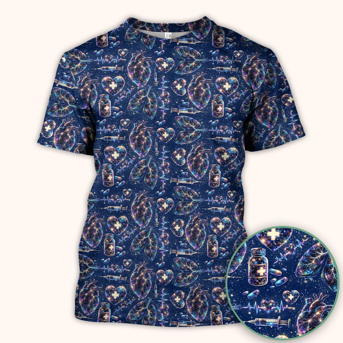 Galaxy Anatomical Heart Lung Syringe Nurse Scrub Top