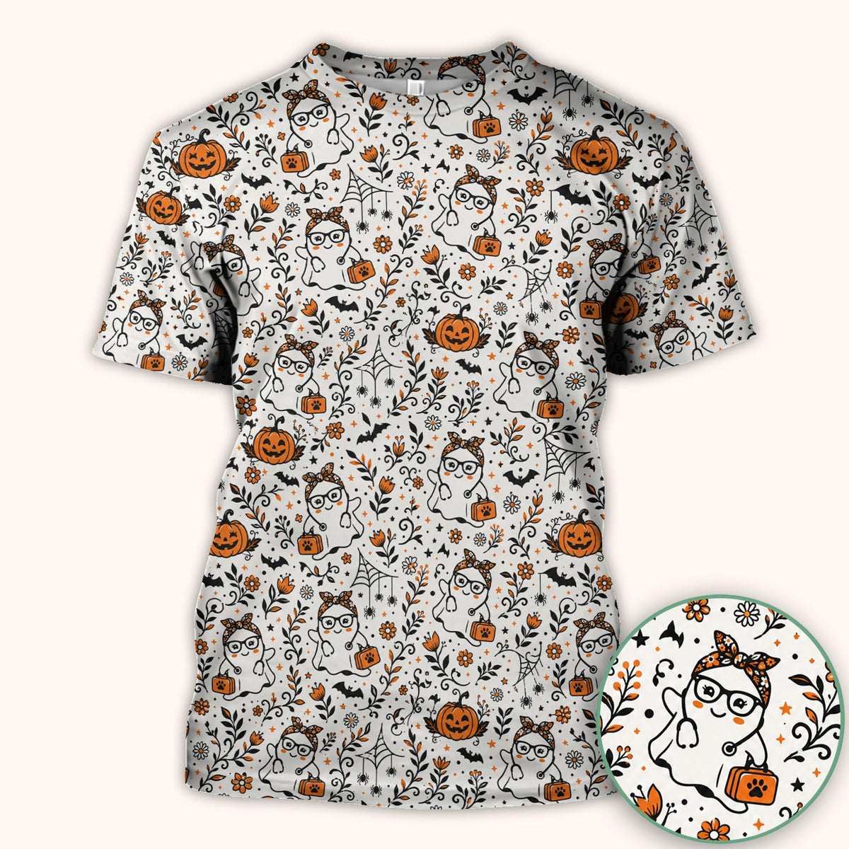 Halloween Ghost Pumpkins Nurse Scrub Top