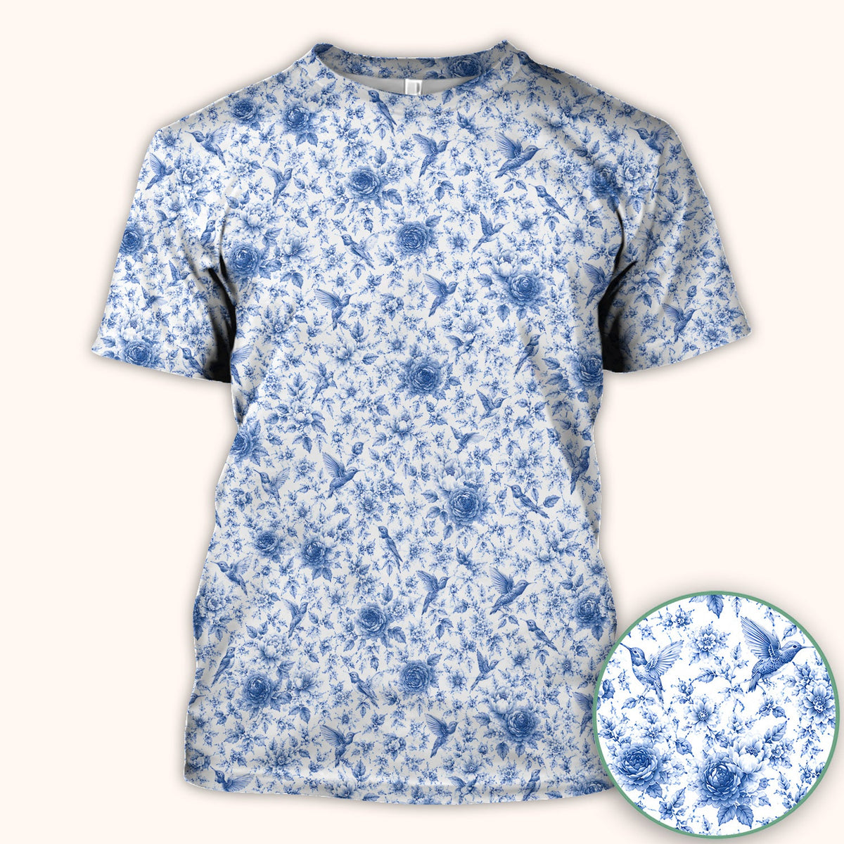 Blue Floral Hummingbird Toile Nurse Scrub Top