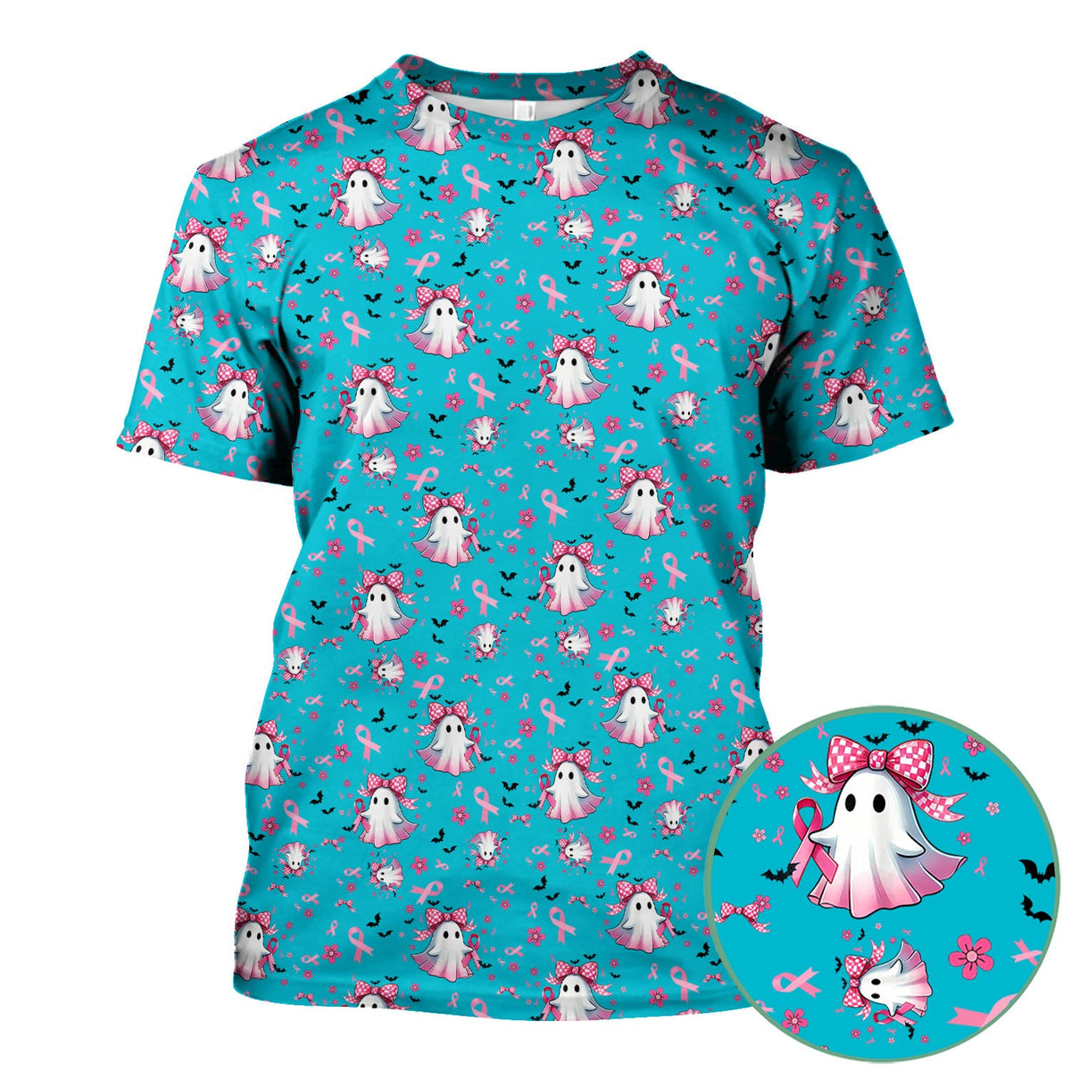 Spooky Ghost Pink Ribbon Nurse Scrub Top - Breast Cancer Gift